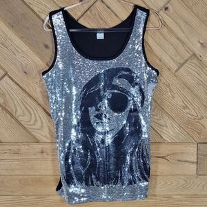 Deb Sequin Tank Top Womens 1X Graphic Portrait Silver Black Sleeveless Rayon